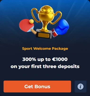 Sport Welcome Package: 300% up to €1000 on first three deposits with a gold trophy icon