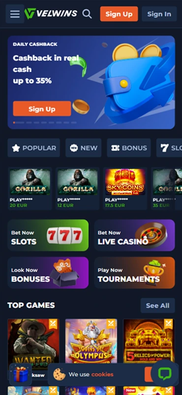 Velwins mobile casino interface showing live casino categories