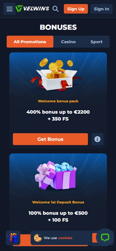 VelWins Casino mobiele interface met promoties en dagelijkse cashback