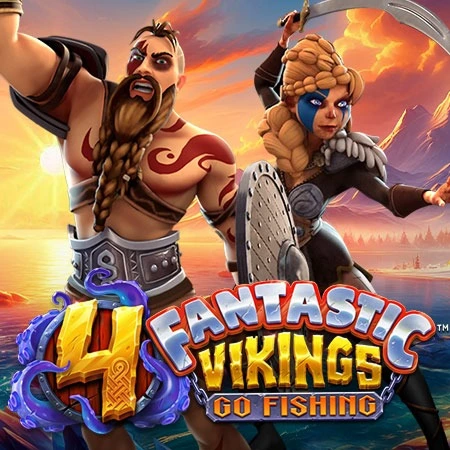 4 Fantastic Vikings Go Fishing slot icon with two Viking warriors on a shore