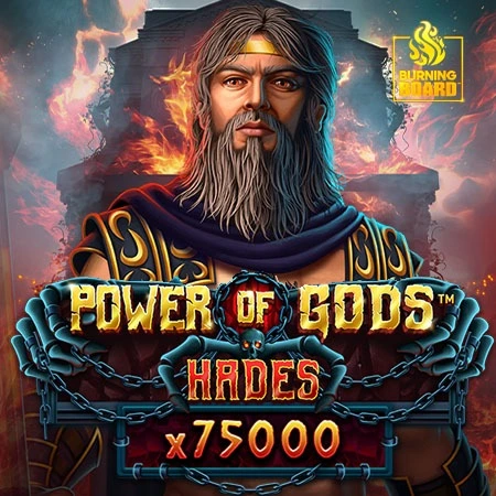 Power of Gods Hades slot banner with a bearded deity and fire background