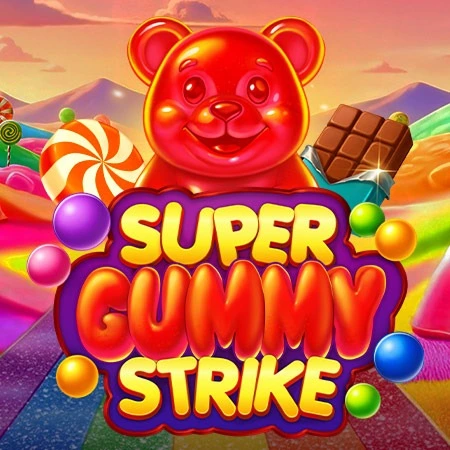 Super Gummy Strike slot banner featuring a red gummy bear and colorful candies